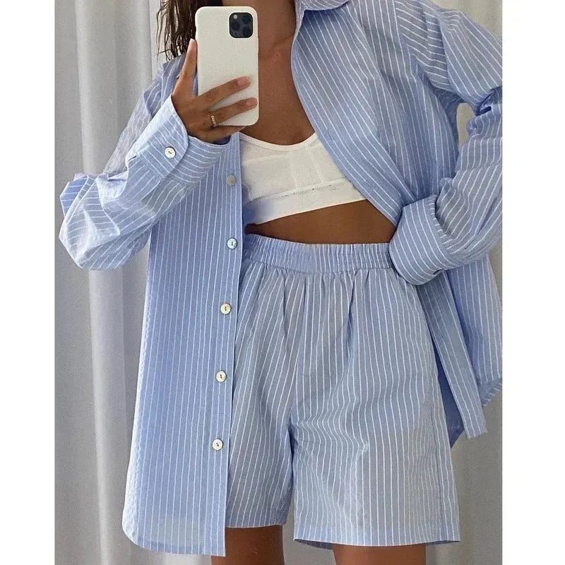 Women's Pajamas Set Home Clothes Sleepwear Loung Wear Stripe Long Sleeve Shirt Tops and Loose High Waisted Mini Shorts - Shop & Buy