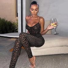 Load image into Gallery viewer, V neck Leopard Print Skinny Camisole Jumpsuit Women Mesh Flocking Low Chest Sleeveless Sexy Bodycon Clubwear
