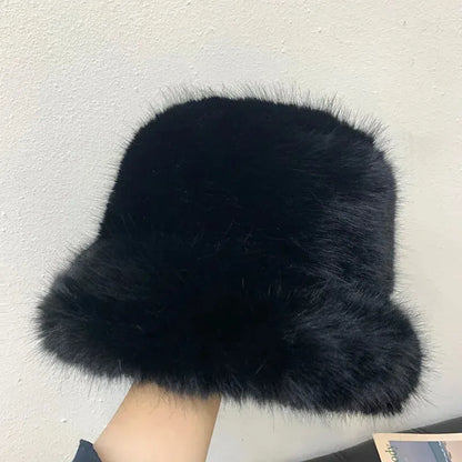 y2k Fluffy Faux Fur Bucket Hat Women Rabbit Fur Warm Thick Plush Winter Hat Lady Luxury Fashion - Shop & Buy