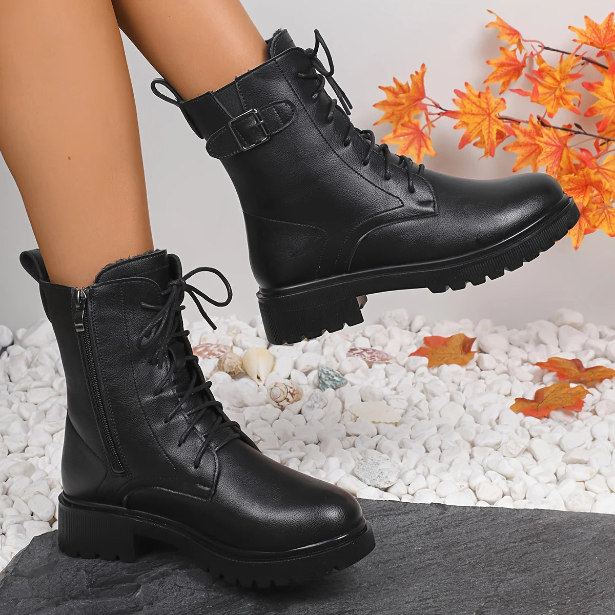 Women's Black Platform Ankle Boots Fashion Buckle Decor Lace Up Motorcycle Boots - Shop & Buy