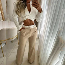 Load image into Gallery viewer, 2 Piece Set Women Office Casual Solid Laple Long Sleeve High Waist Single Button Shirt Loose Wide Legs Pants Sets
