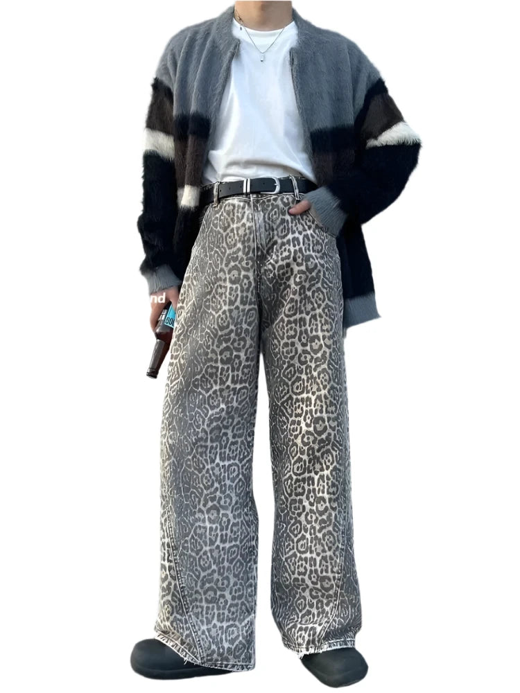 Women's American Vintage Leopard Print Washed Thin Jeans Street Casual Neutral Style DenimTrousers High Waist Straight Pants