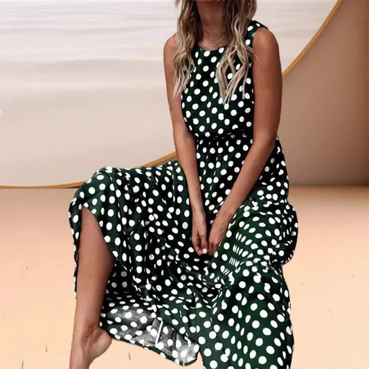 Women Y2K Long Skirt Printed Polka Dot Dress Round Neck Tank Skirt Elegant Female Dress Summer Sleeveless Outfits - Shop & Buy