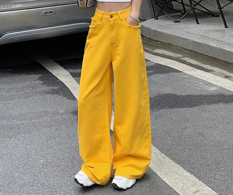 American Street Fashion Y2K Lemon Yellow Casual Jeans Women Summer New Straight Loose Wide Leg Floor Length Denim Pants