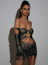 Load image into Gallery viewer, Women Sexy 2 Piece Set Strapless Rhinestone Diamond Backless Crop Top Chic Split Mini Skirt Clubwear
