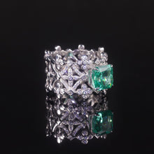 Load image into Gallery viewer, Cut 8*8mm Paraiba Green Crushed Ice Diamond Sterling Silver Diamond Fire CZ Miligrain Ring Antique Handmade Jewelry