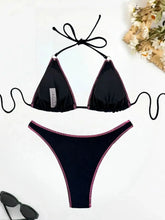 Load image into Gallery viewer, Shiny Black Patchwork Bikini Women Halter Push Up Thong Swimwear
