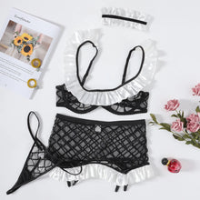 Load image into Gallery viewer, Transparent Plaid Cosplay Three Pieces Sets Women Strap Mini Bra+Sheer Skirt+Thongs Ruffle Sweet Sexy Porn Night Suits
