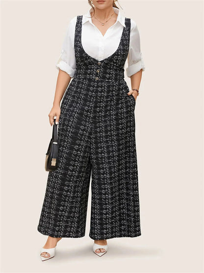 Women Plaid Plus Size Jumpsuit with Spaghetti Straps and Belted Waist Casual Wide Leg Overalls with Pockets and Buttons