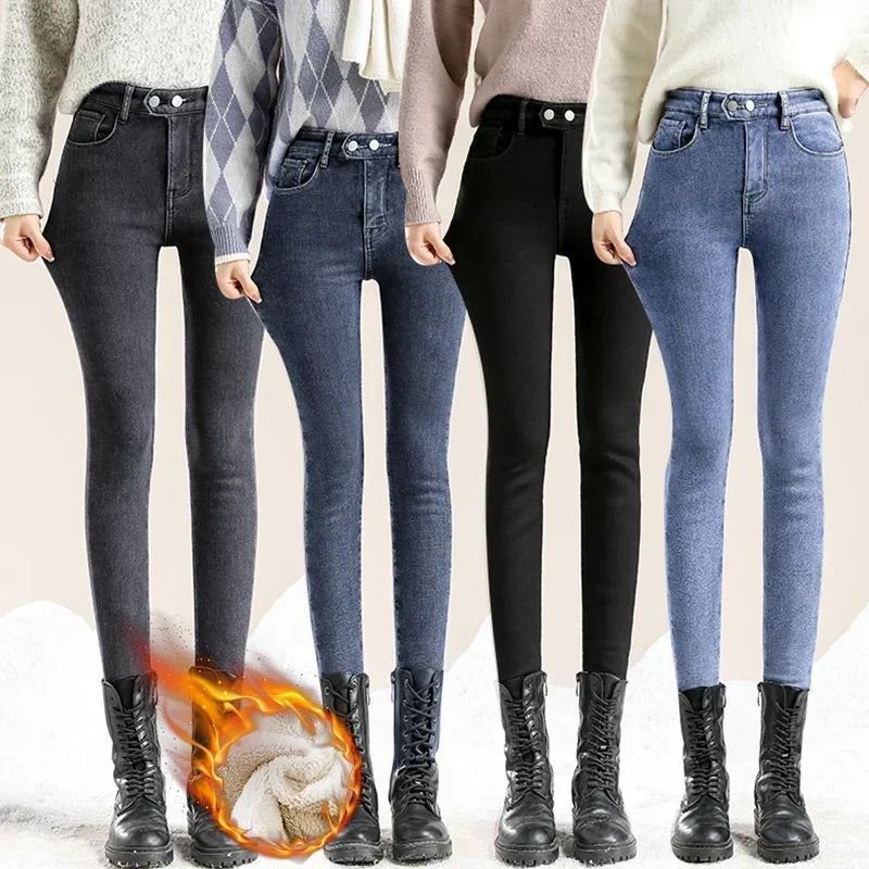 Winter Thick Velvet Women High Waist Skinny Jeans Simple Fleece Warm Slim Fit Stretch Ladies Casual Denim Pencil Pants