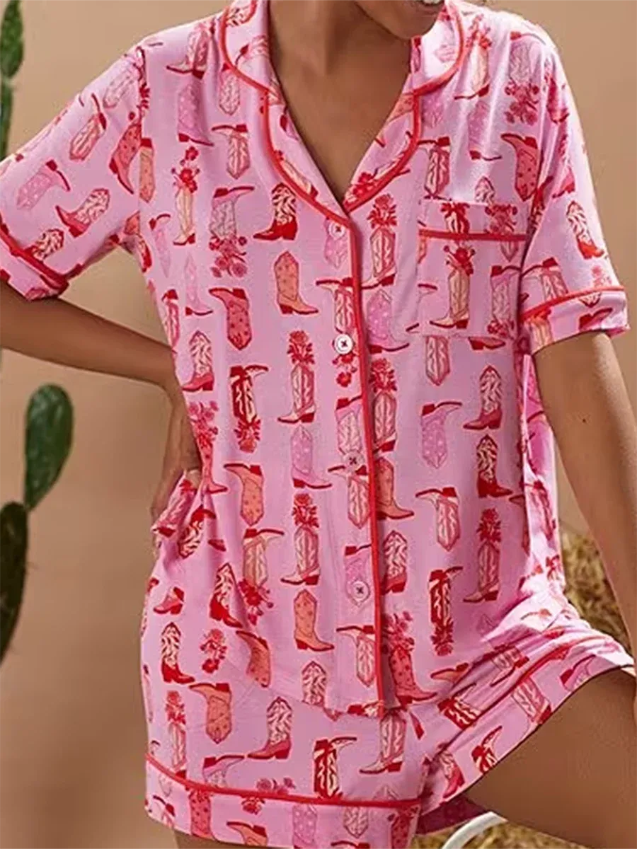 Y2k Bow Boots Print Satin Pajamas Short Set For Valentine's Day Satin Silk Pjs Sleepwear - Shop & Buy