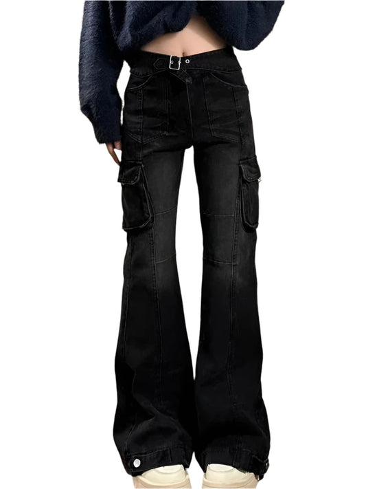 High Street Office Lady Black Flare Jeans Slim Bell Bottoms Gyaru Fashion Denim Trousers