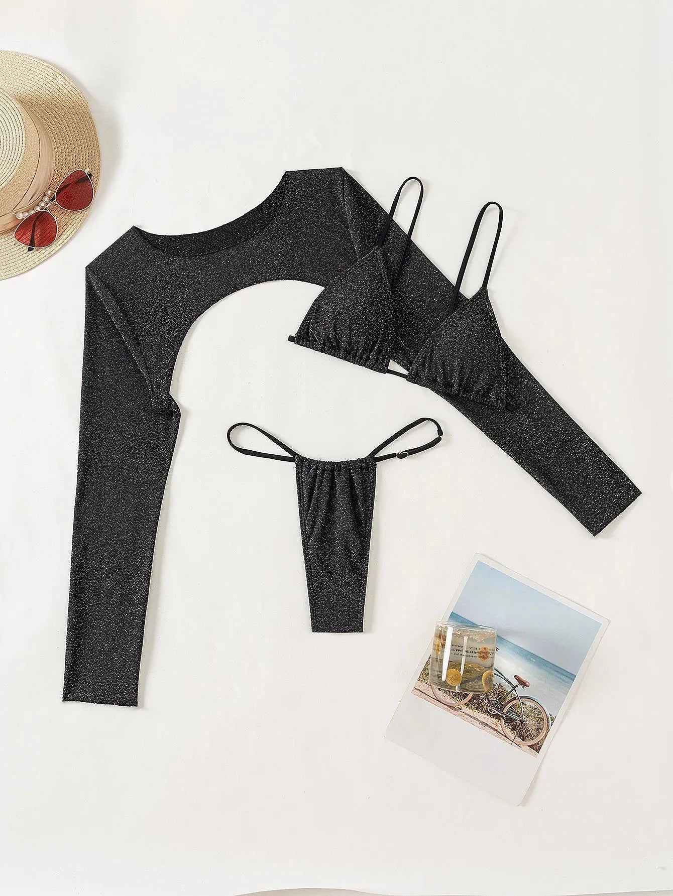 Women's Three Piece Swimsuit Long Sleeved Mesh Jacket Sexy Bikini Low Waist Thong Swimwear - Shop & Buy