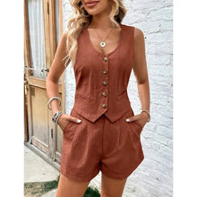 Load image into Gallery viewer, Cotton Shorts Sets for Women 2 Pieces Sexy Sleeveless Single Breasted Vest Top + Shorts Suit Elegant Office Lady Tracksuit
