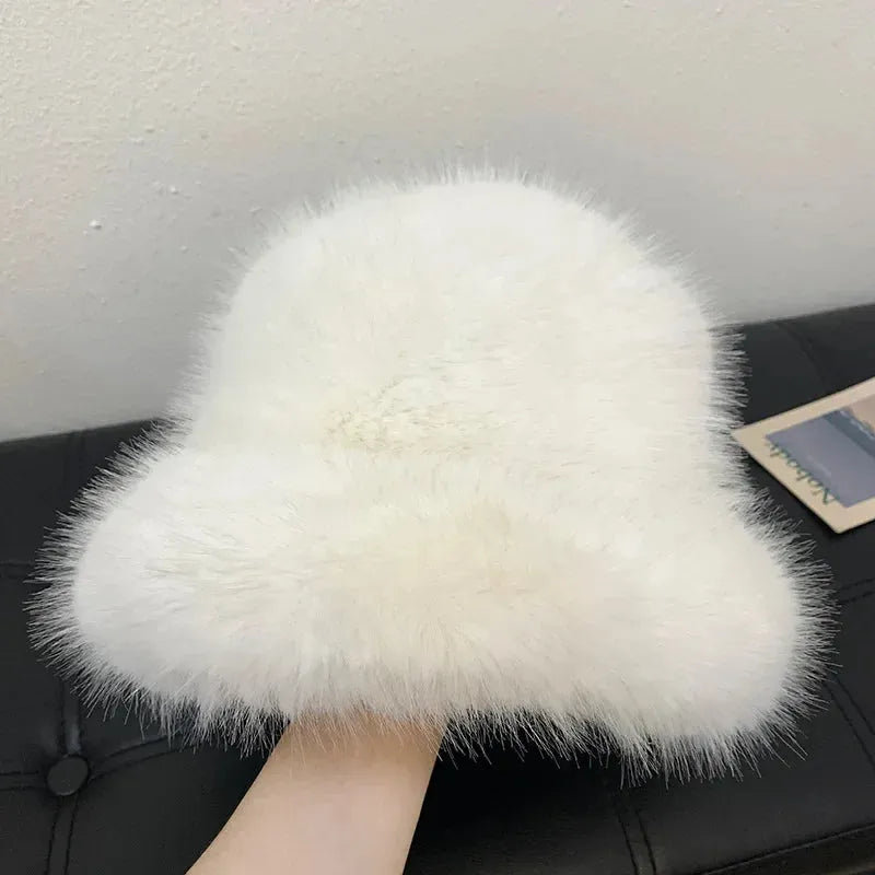 y2k Fluffy Faux Fur Bucket Hat Women Rabbit Fur Warm Thick Plush Winter Hat Lady Luxury Fashion - Shop & Buy