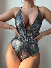 Load image into Gallery viewer, Shiny Laser Bright One Piece Swimsuit Women Sexy Snakeskin Print Drawstring Backless Bikini
