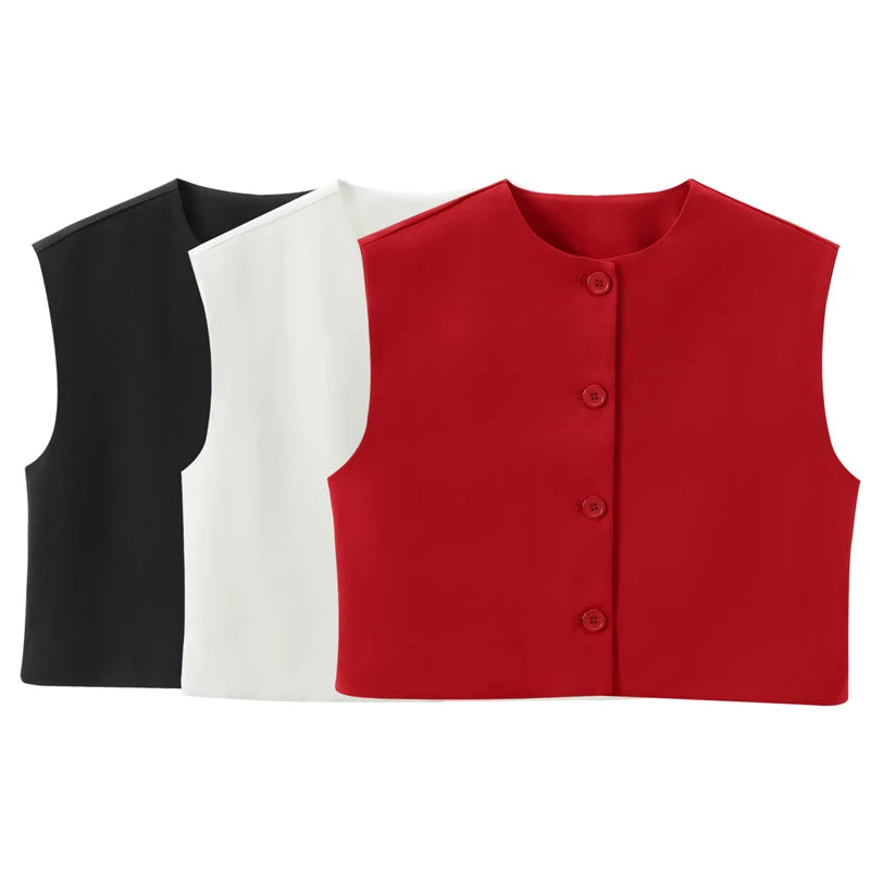 Solid Crop Vest Women Red Black White Vest Summer Fashion O-Neck Sleeveless Single-Breasted Waistcoat