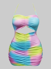 Load image into Gallery viewer, Plus Size Tie-dye Backless Ruched Mini Dress Full Print Rainbow Sleeveless
