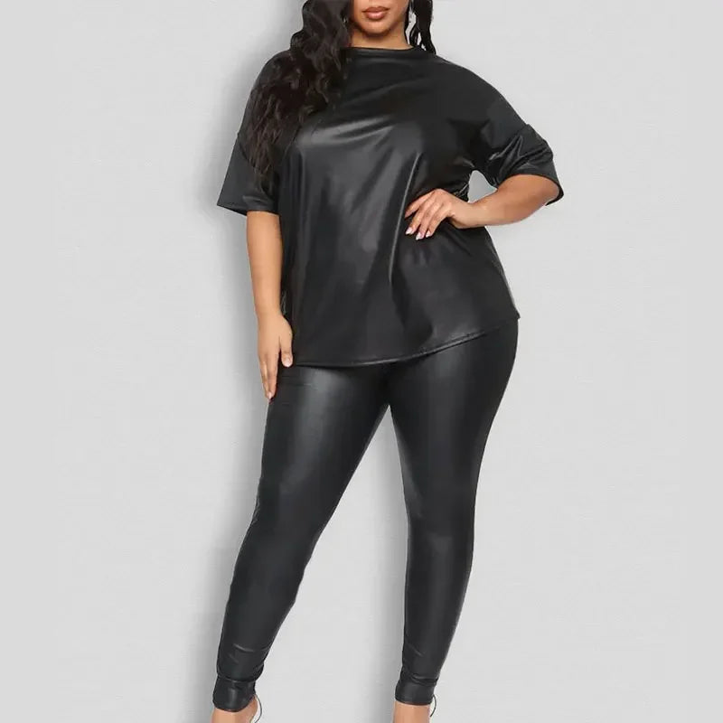 Plus Size Women Black Matte Leather Top Trousers Sets Casual Loose Mid Sleeve Top Stretch PU Pants Suits