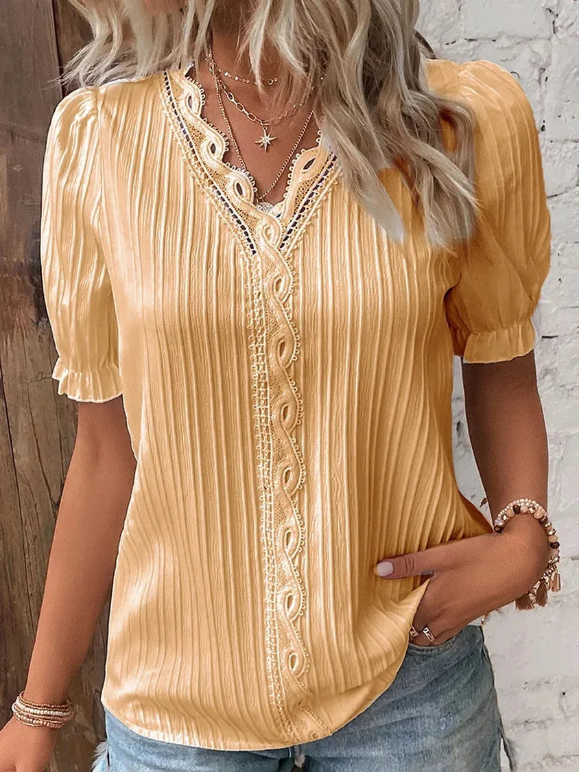 Women's Summer New Top Solid Sexy V-Neck Hollow Short Sleeve Shirt Fashion Splice Plus Size Blouse - Shop & Buy