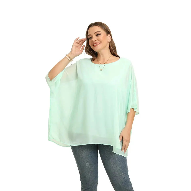 Womens Plus Size Elegant Summer Blouse Batwing Sleeve Oversized Chiffon Blouse Scoop Neck Large Size Casual Tunic Top Shirt 4XL - Shop & Buy