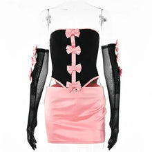 Load image into Gallery viewer, Sexy Strapless Bows Trim Women Two Piece Sets Black Gloves Tops Pink Skirts
