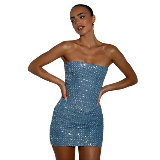 Women Blue Sequined Denim 2 Piece Sets Sexy Strapless Top Stylish Woman Mini Skirt Sets