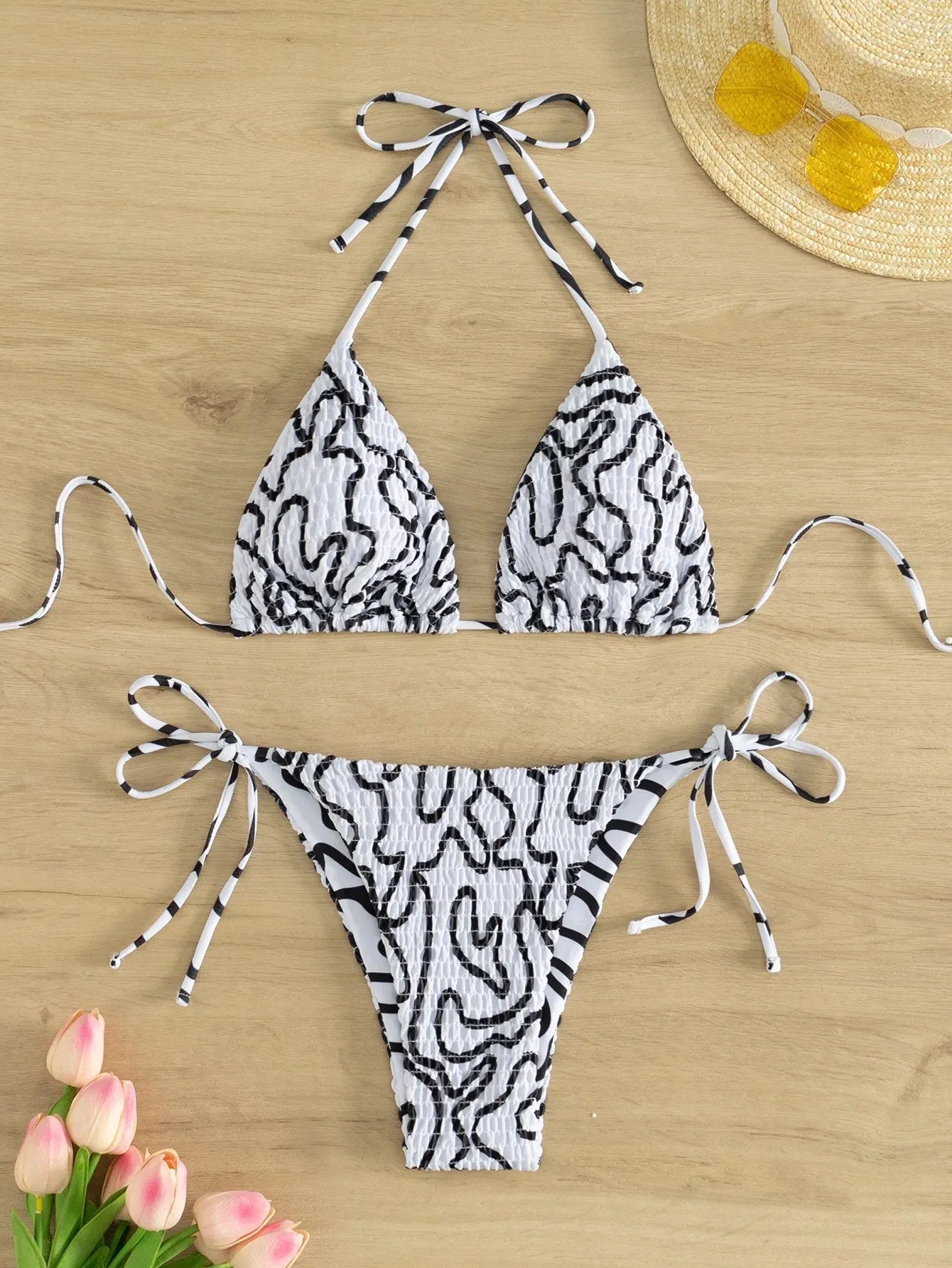 Women's Black White Stripe Print 2 Piece Bikini Summer Beach Vacation Sexy Mini Swimsuit - Shop & Buy