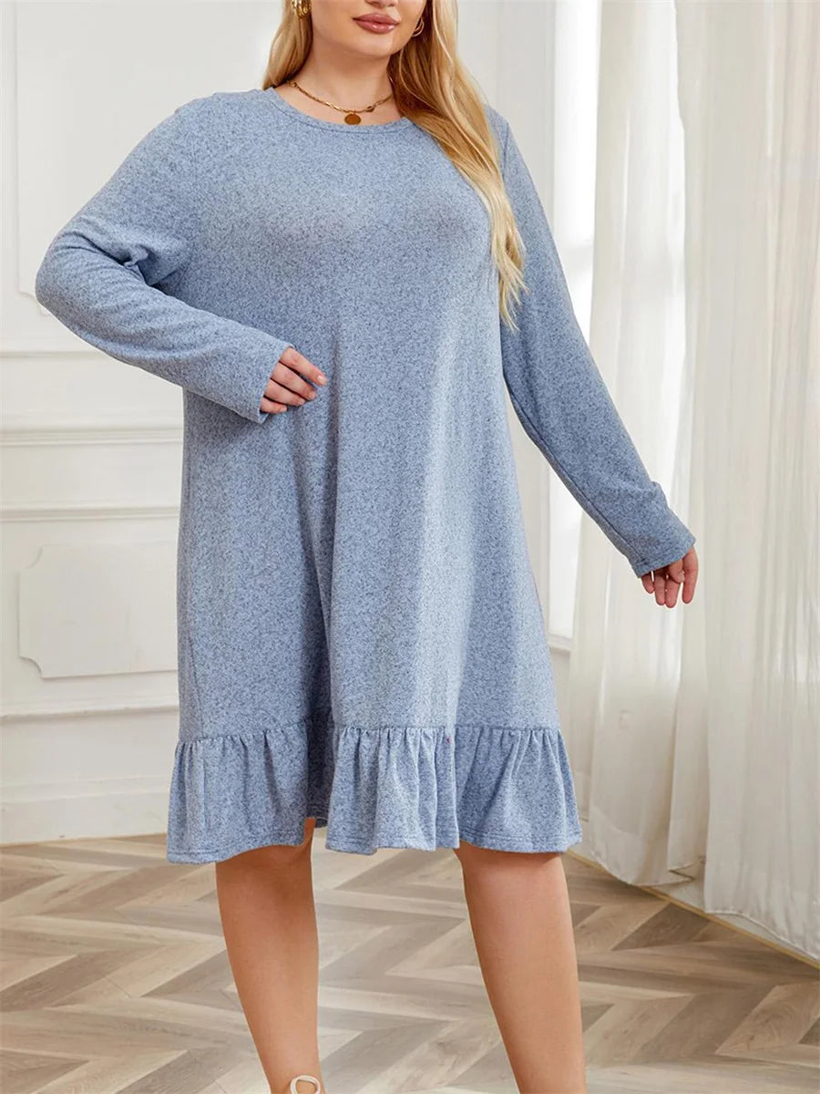 Women Plus Size Nightgown Loose Fit Solid Color Round Neck Long Sleeve Tiered Ruffle Lounge Dress Autumn Sleepwear Loungewear