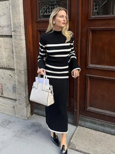 Load image into Gallery viewer, Elegant Stripes Split Long Sleeve Knitted Dress Women Fashion Round Neck Black White Dresses
