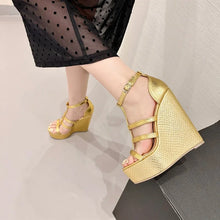 Load image into Gallery viewer, Summer Golden Open Toe Narrow Band Platform Wedges Woman Sandals Fashion Hollow Out Thick Bottom High Heels Shoes
