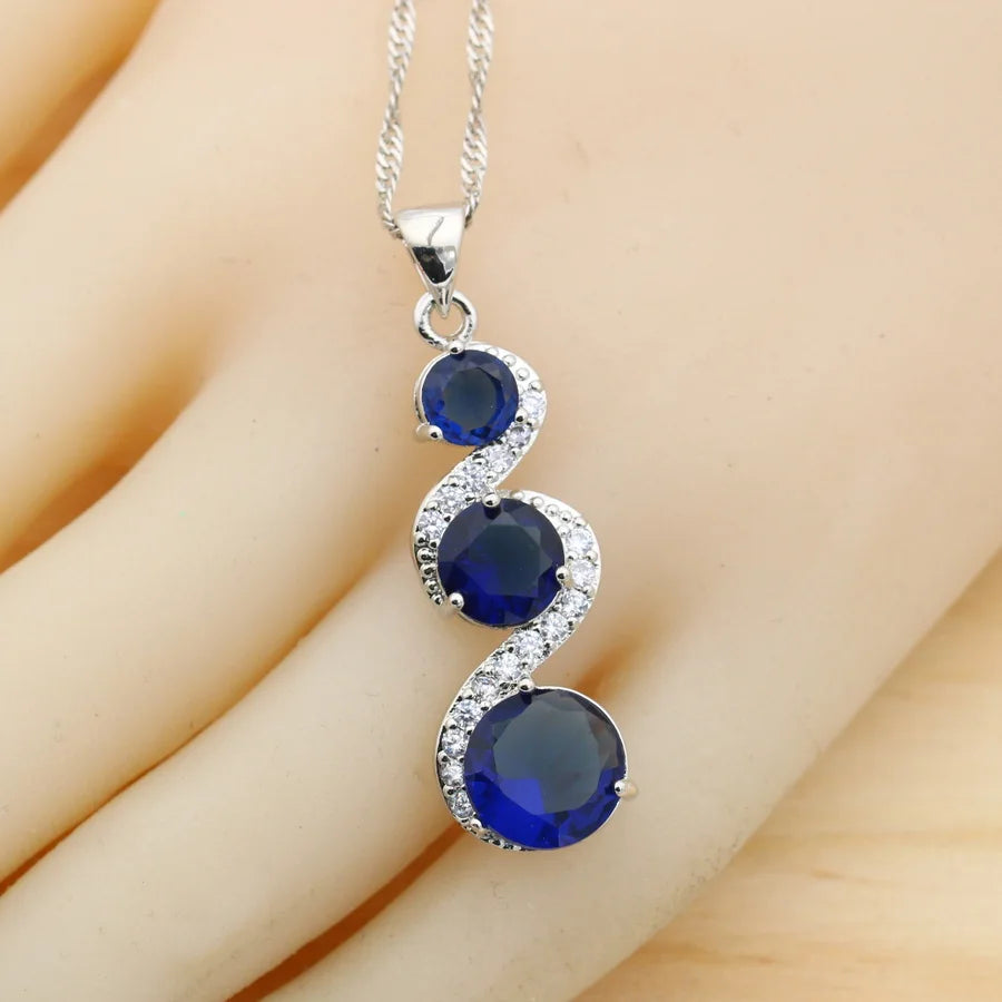 Classic Blue Zirconia 925 Silver Jewelry Sets for Women Earrings Necklace Pendant Ring Bracelet Wedding Gift