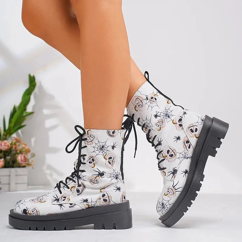 Women's Fashion Graffiti Printed Ankle Boots Platform Lace Up Flat Combat Booties Woman Non Slip Pu Leather Short Boots - Shop & Buy