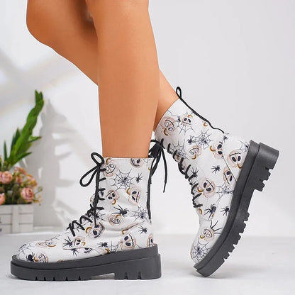 Women's Fashion Graffiti Printed Ankle Boots Platform Lace Up Flat Combat Booties Woman Non Slip Pu Leather Short Boots - Shop & Buy