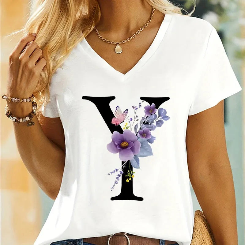 Women's Clothing A-Z 26 Alphabet Flower Premium Summer T-shirt - Shop & Buy