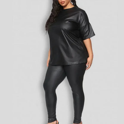 Plus Size Women Black Matte Leather Top Trousers Sets Casual Loose Mid Sleeve Top Stretch PU Pants Suits