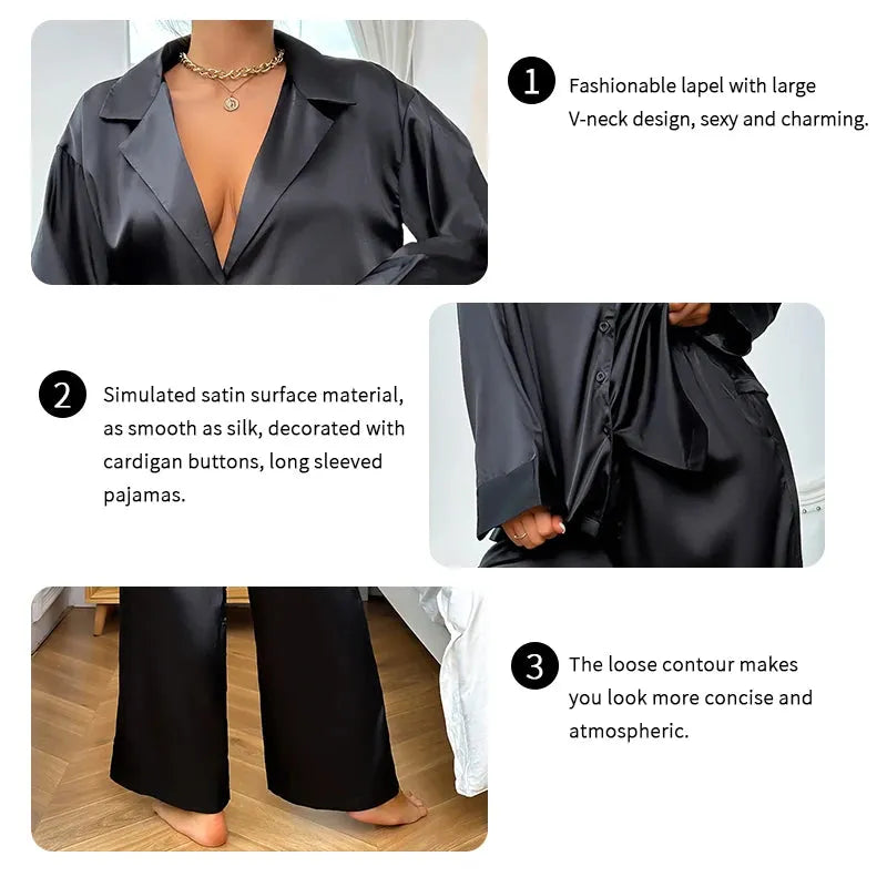 Women's Satin Silk Sleepwear Low Cut Sexy Home Clothes Pajamas For Femme Single-Breasted Long Sleeves - Shop & Buy