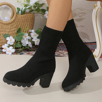 Women's Mid-Calf Knit Sock Boots Autumn Thick Heeled Slip On Slim Boots - Shop & Buy