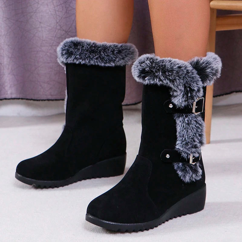 Women's Wedge Heeled Snow Boots Fashion Buckle Design Faux Fur Mid Calf Boots - Shop & Buy