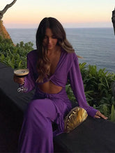 Load image into Gallery viewer, Sexy Purple Deep V-neck Hollow Out Pleated Maxi Dress Women Elegant Long Sleeves Bodycon Dresses
