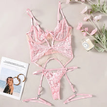 Load image into Gallery viewer, Sheer Erotic Porn Sleepwear Sets Women Sweet Lingerie Strap Long Bra+Garter+Thongs Bow Mesh Lace Underwear Suits
