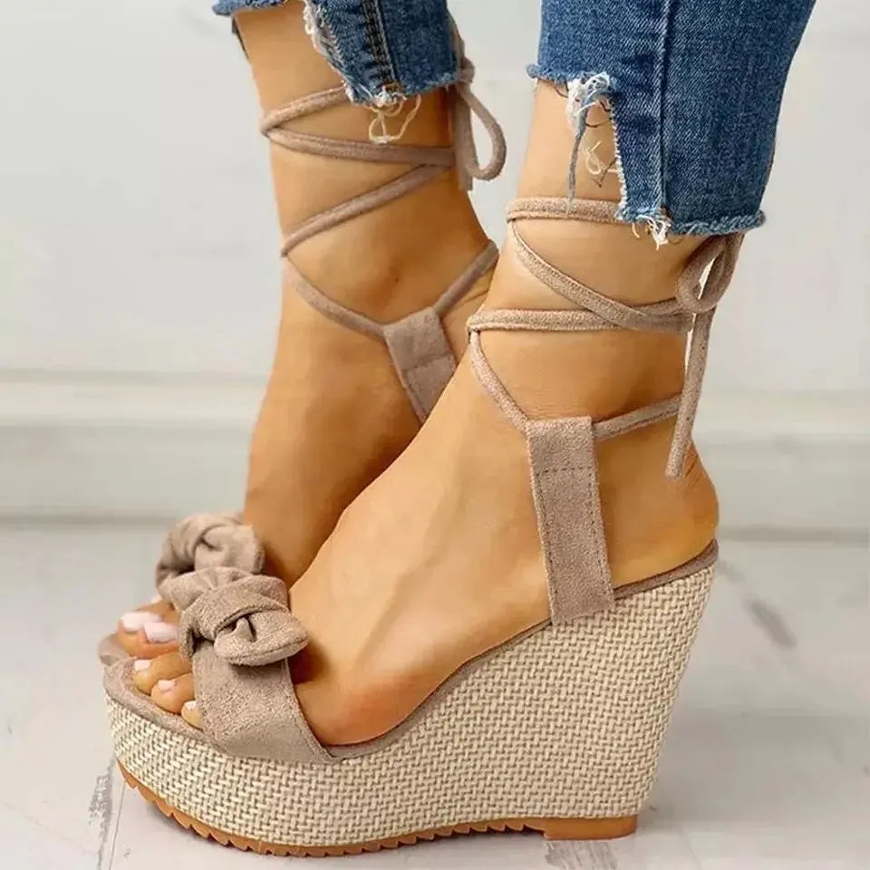 Womens Bow Knot Platform Wedge Sandals - Stylish Peep Toe Ankle Straps Lightweight Espadrille Comfort Heels - Shop & Buy