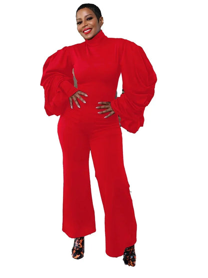 Women Jumpsuit Solid Color High Neck Hip Hugging Pleated Lantern Sleeves Waist Cinching Wide Leg