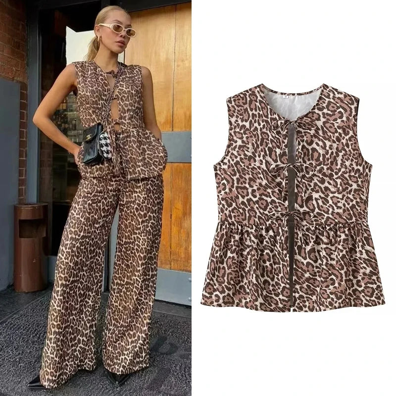 Leopard Print Bow Vest Women Tank Tops Summer Female Hollow Out O-Neck Sleeveless Lace-Up Top Fashion Street Vests