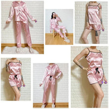 Load image into Gallery viewer, Pink 7 Pieces Women&#39;s Satin Pajamas Sets Striped Pyjama Women Sleepwear
