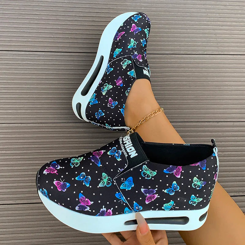 Fashion Butterfly Print Platform Sneakers Women Lightweight Slip On Walking Shoes Woman Thick Sole Non Slip Casual Sports Shoes