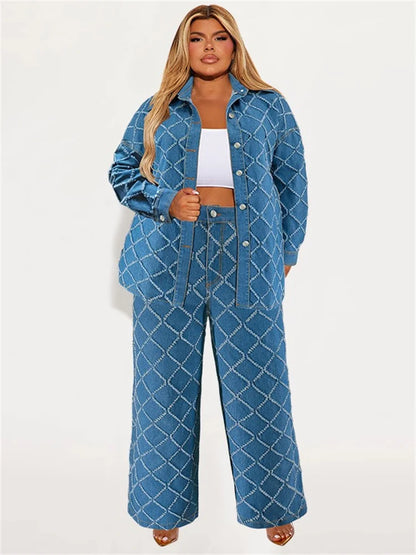 Plus Size Denim Two Piece Sets Women Fall Clothing Print Long Sleeve Tops Pants New Matching Suits