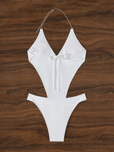 Load image into Gallery viewer, Sexy White One Piece Swimsuit Sexy Metal Chain High Waist Monokini Bikini Deep V-neck
