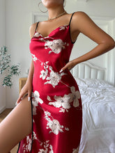 Load image into Gallery viewer, Summer Thin Breathable Women&#39;s Dress Ice Silk Slip Dress Sexy Red Flower Print Pajamas Open Back Split Nightdress
