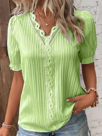 Women's Summer New Top Solid Sexy V-Neck Hollow Short Sleeve Shirt Fashion Splice Plus Size Blouse - Shop & Buy